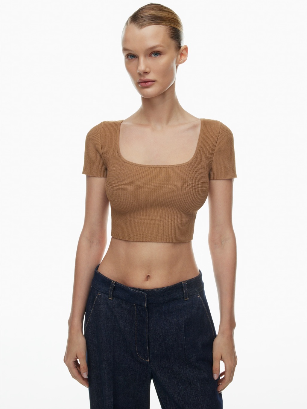 Abercrombie & Fitch Camel Ribbed Square-Neck Crop Tee